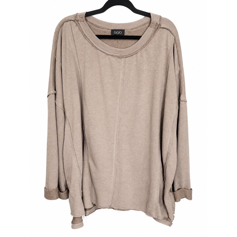 GiGio Large Taupe Oversized Knit Top Coastal Boho Lagenlook Exposed Seam Slouchy